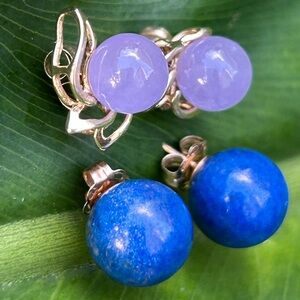 Bundle 14k yellow gold lavender jade & blue lapis lazuli balls stud earrings lot